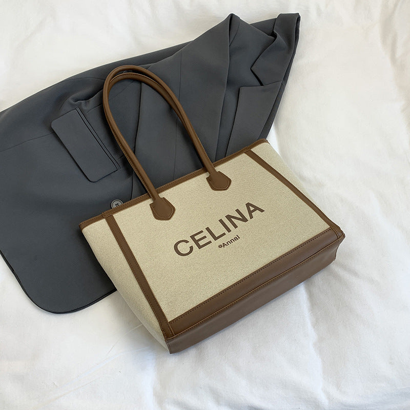 College students class alphabet canvas bag women's 2025 spring new trendy simple large-capacity shoulder bag tote bag