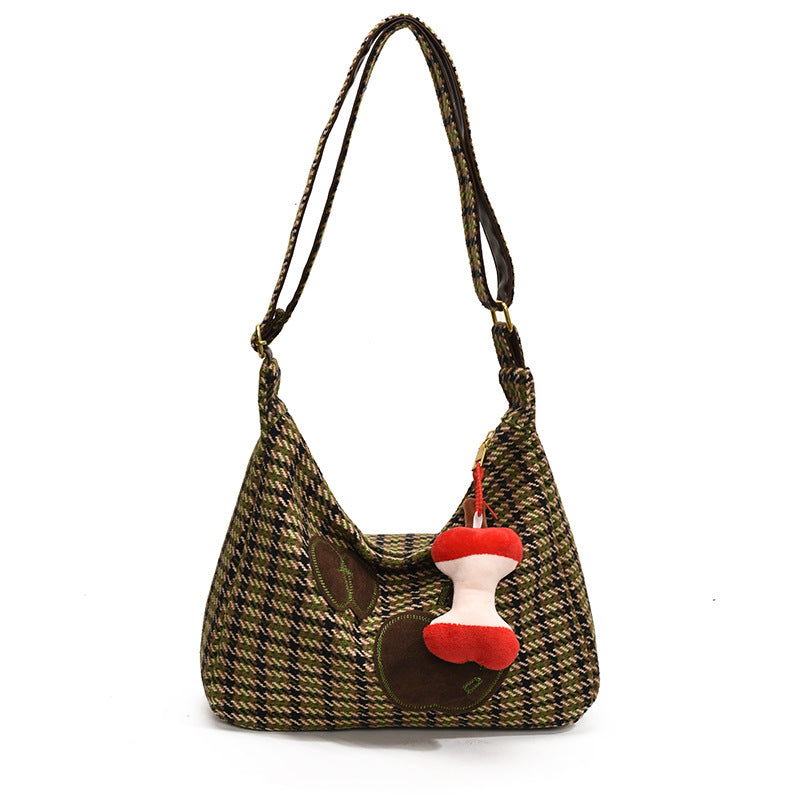 Woolen bag women's large-capacity 2024 winter new casual shoulder messenger bag plaid class commuter tote bag