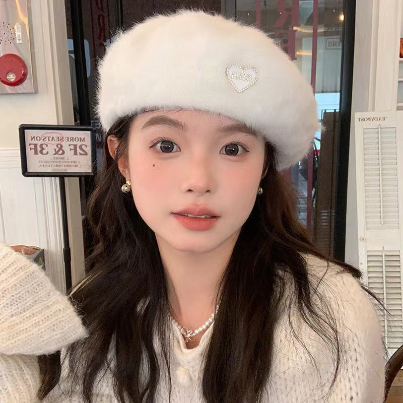 Waxy Jiji~ Sweet white rabbit fur beret children autumn and winter 24 new face small big head circumference painter hat