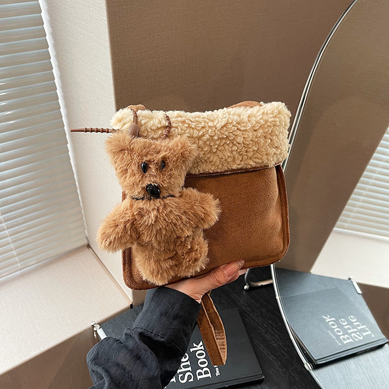 Wool lamb shoulder bag women's bag retro leather velvet messenger bag 2024 autumn and winter new sweet wind atmosphere plush bag