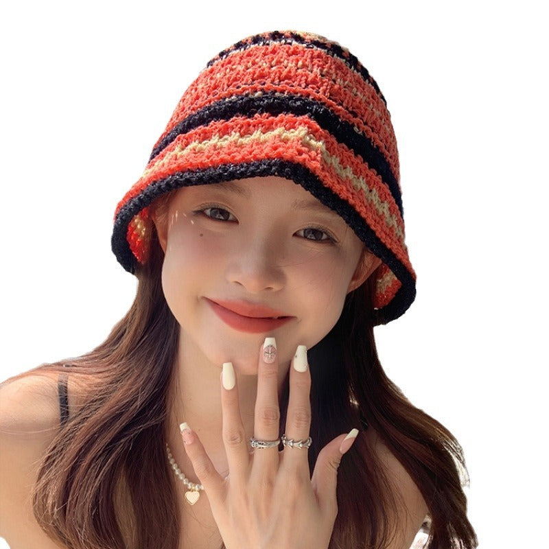 Color straw bucket hat women's summer Japanese face small versatile straw hat beach sunshade sun hat tide