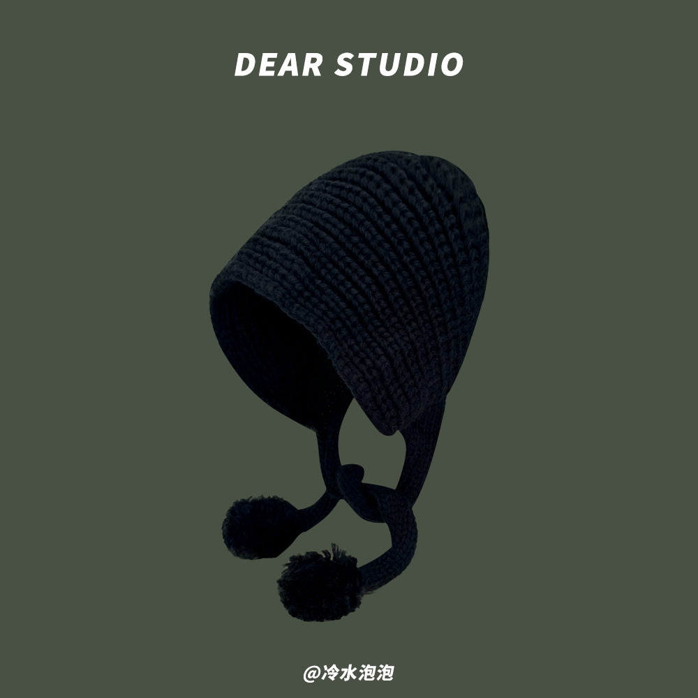 Yang Mi same black wool hat female autumn and winter warm ear protection student versatile Internet celebrity long braids knitted hat tide