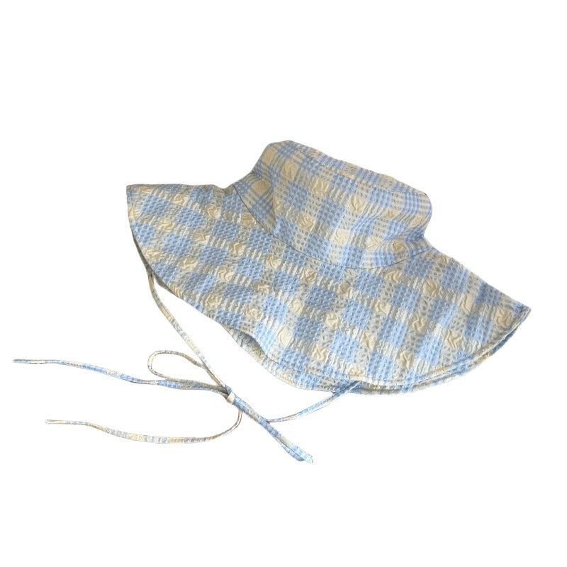 Zhao Ruth same sun hat women's 2024 new anti-ultraviolet large brim plaid bucket hat outdoor sun protection hat