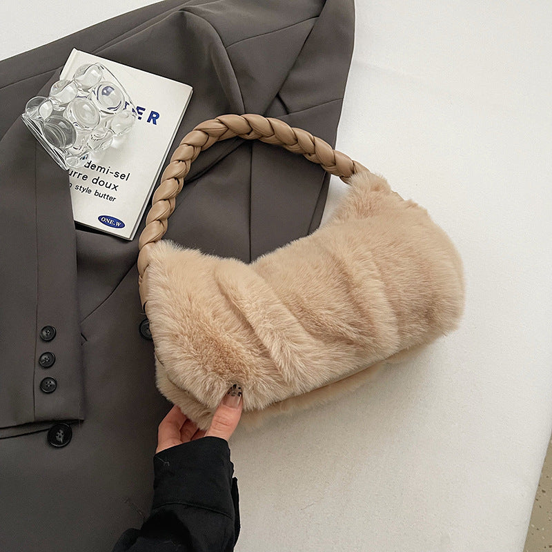 Winter new fluffy handbag niche plush cute commuter braid underarm bag simple shoulder plush bag