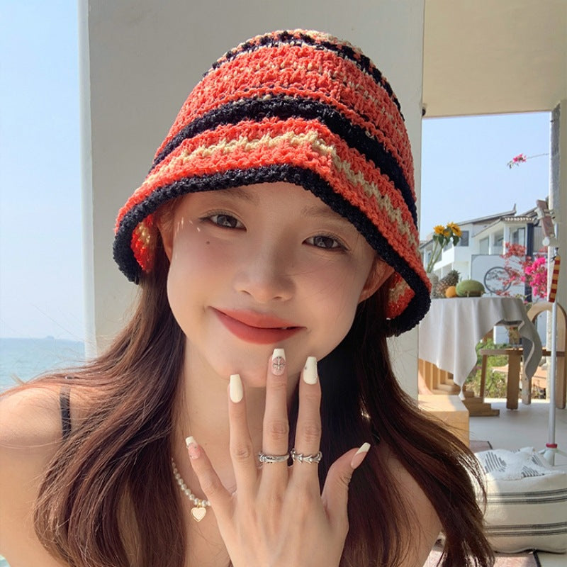 Color straw bucket hat women's summer Japanese face small versatile straw hat beach sunshade sun hat tide