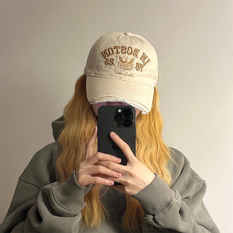 Women's Casual Fashion Ripped Letter Embroidery Cap Korean Version Versatile Soft Top Baseball Cap Sunscreen Sun Hat Tide