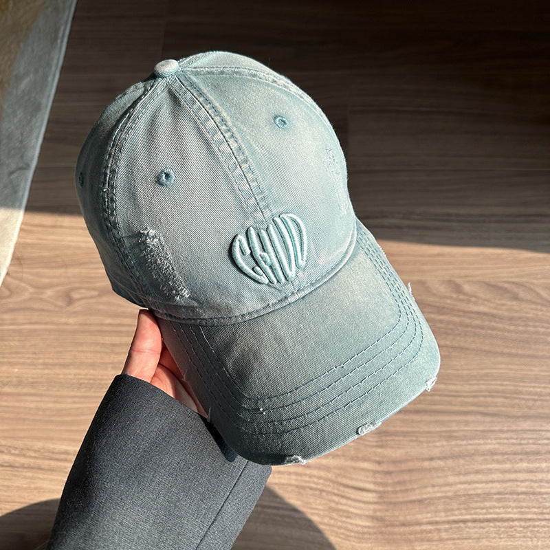Washed denim big head circumference retro baseball cap men's and women's old ripped holes personalized embroidery spring and summer versatile cap
