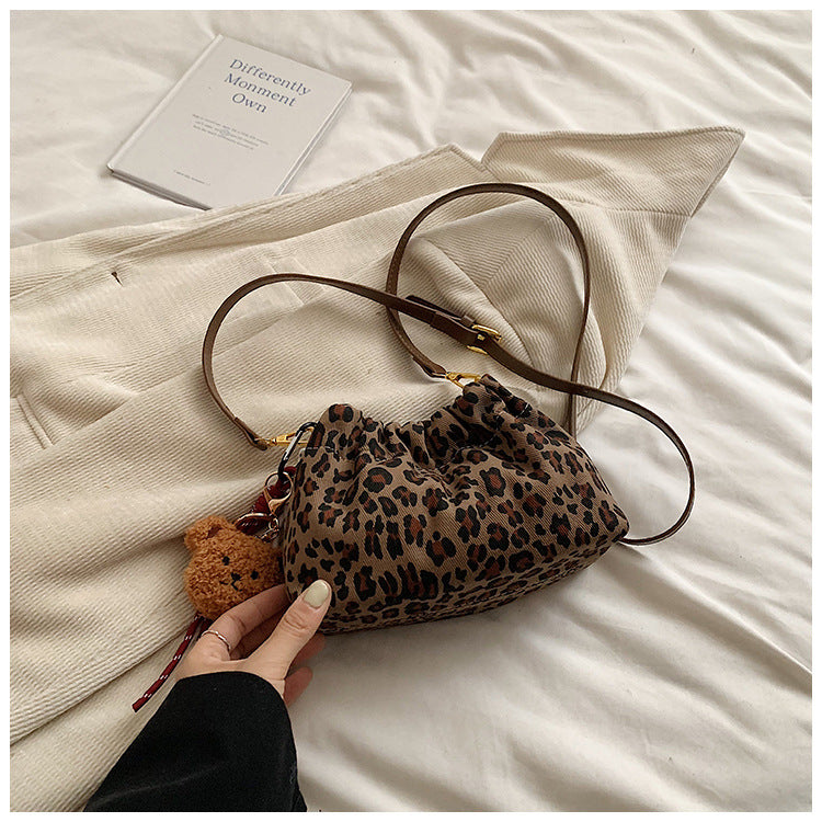 Women's bag fashion leopard print women's bucket bag 2024 autumn new drawstring lucky bag bag chain shoulder messenger bag