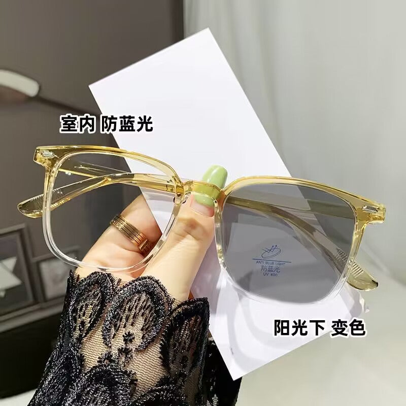 2023 new Internet celebrity large frame color-changing glasses high definition color-changing myopia couple plain wear anti-blue glasses