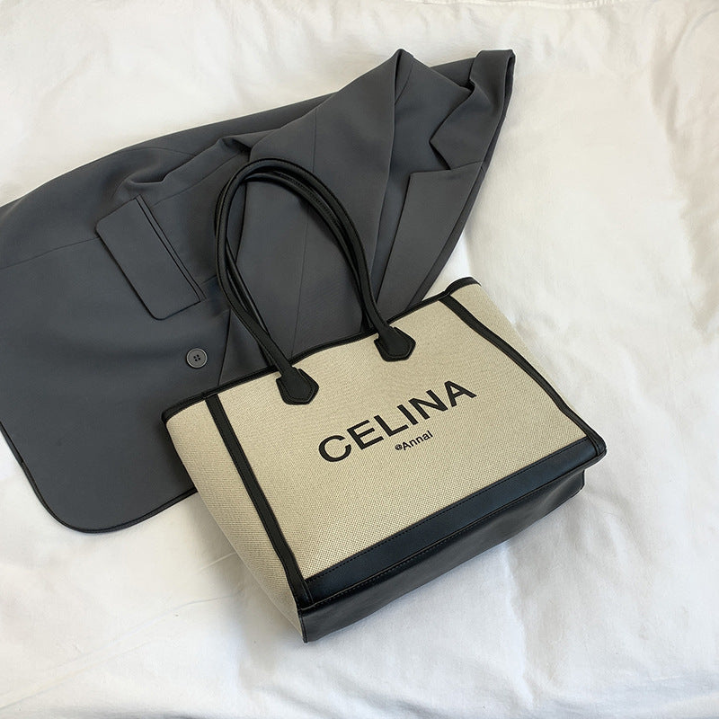 College students class alphabet canvas bag women's 2025 spring new trendy simple large-capacity shoulder bag tote bag