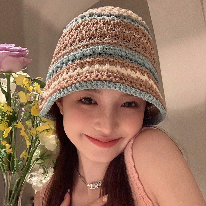 Color straw bucket hat women's summer Japanese face small versatile straw hat beach sunshade sun hat tide