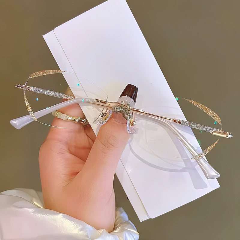 Women's frameless diamond trimmed anti-blue reading glasses flat glasses finished myopia glasses Internet celebrity Douyin live broadcast glasses