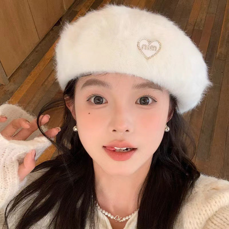 Waxy Jiji~ Sweet white rabbit fur beret children autumn and winter 24 new face small big head circumference painter hat
