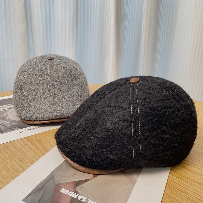 Woolen forward hat children autumn and winter solid color retro duck tongue newsboy hat warm face little painter hat wool