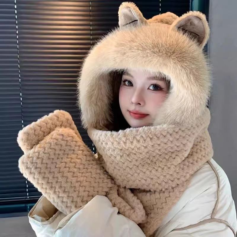 Winter female cartoon bear warm ear hair fluff hat cycling cold scarf integrated neck protection thick knitted hat