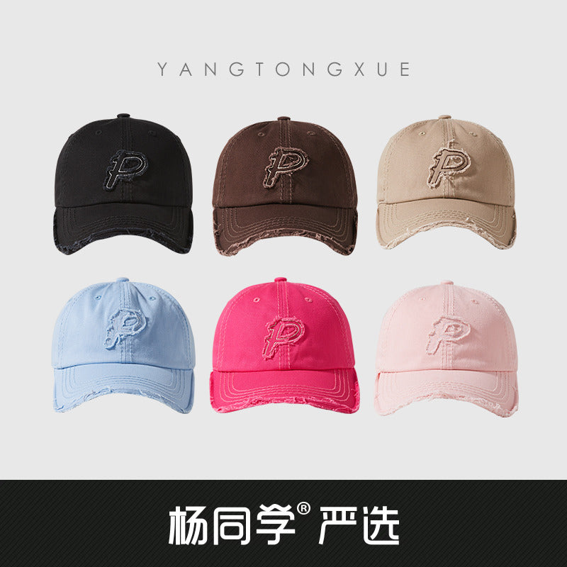 Classmate Yang retro and old P letter embroidered soft top baseball cap for men showing their faces and a small cap for women