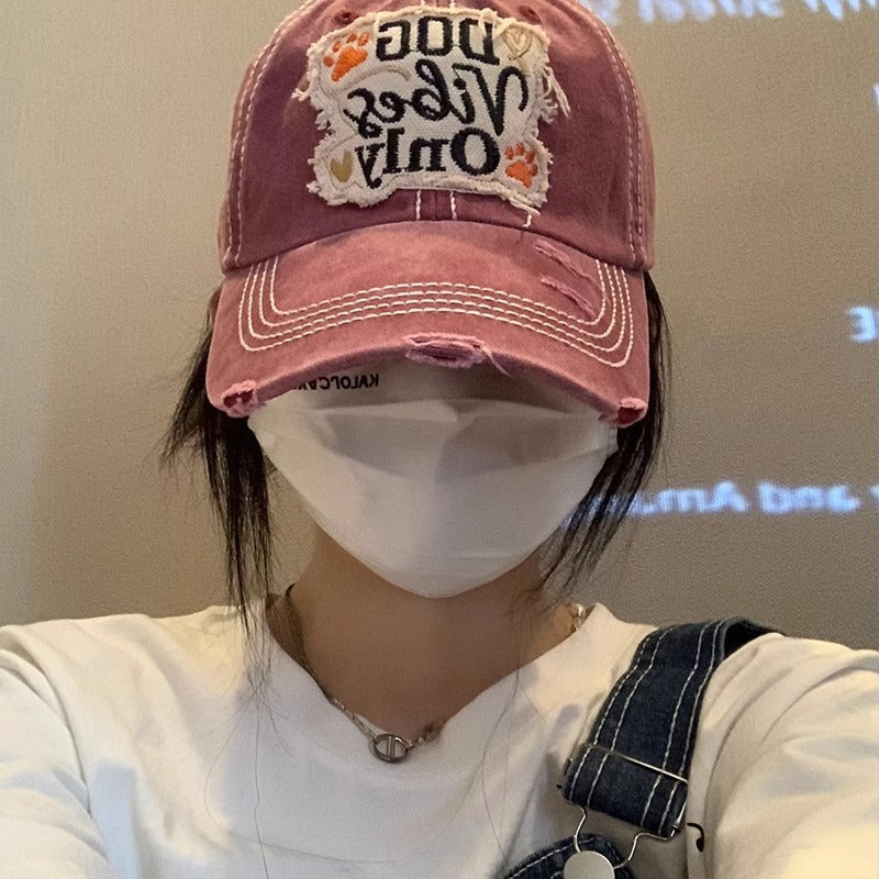Washed holes, wide brim, baseball cap, women's American sticker, enlarged and deepened peaked cap, showing a small face, soft top hat tide