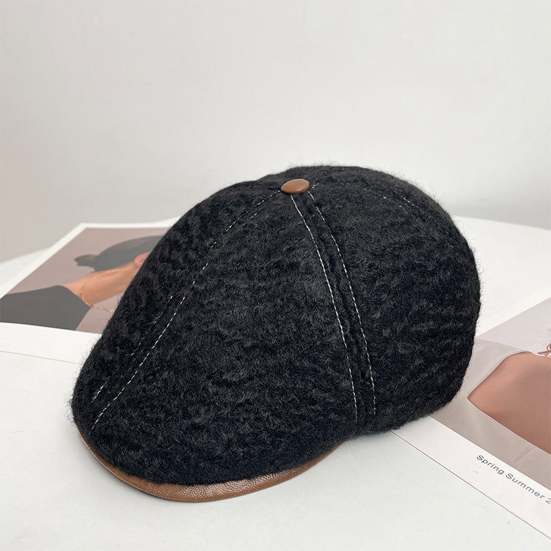 Woolen forward hat children autumn and winter solid color retro duck tongue newsboy hat warm face little painter hat wool