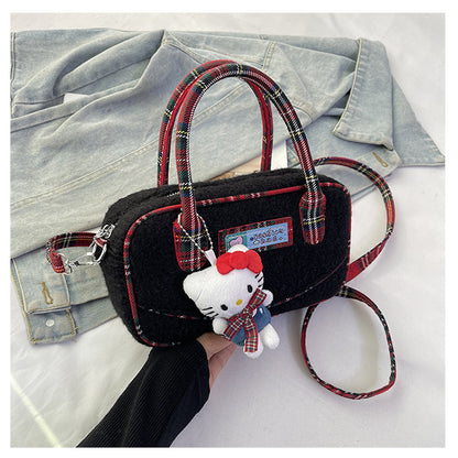 Winter hand carry plush contrasting color plaid small square bag 2024 new fashion casual foreign style literary fluff shoulder bag