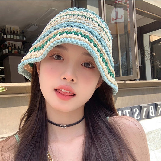 Color straw bucket hat women's summer Japanese face small versatile straw hat beach sunshade sun hat tide