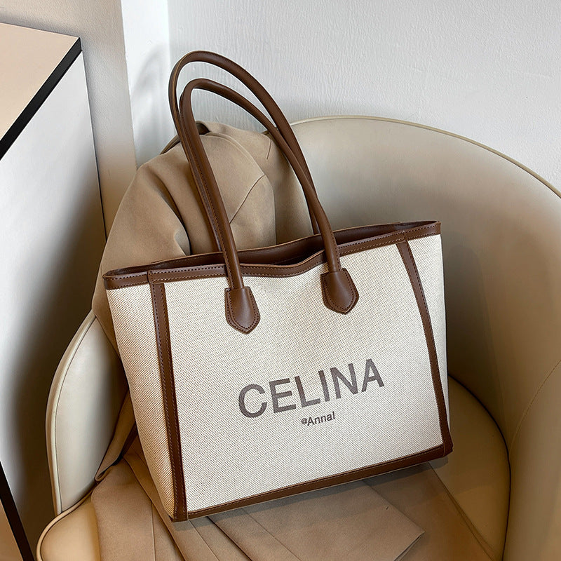 College students class alphabet canvas bag women's 2025 spring new trendy simple large-capacity shoulder bag tote bag