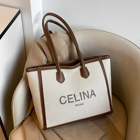 College students class alphabet canvas bag women's 2025 spring new trendy simple large-capacity shoulder bag tote bag