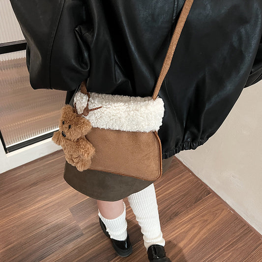 Wool lamb shoulder bag women's bag retro leather velvet messenger bag 2024 autumn and winter new sweet wind atmosphere plush bag
