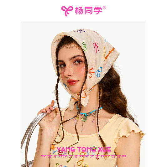 [Student Yang] French high-end versatile small square scarf women's neck headscarf sweet and cute bow triangle scarf