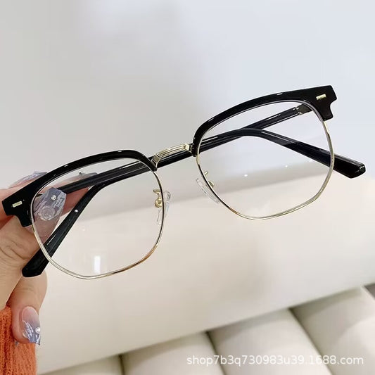 2023 Internet celebrities with the same half frame eyebrow frame anti-blue glasses Sven scum couple tr metal frame flat mirror