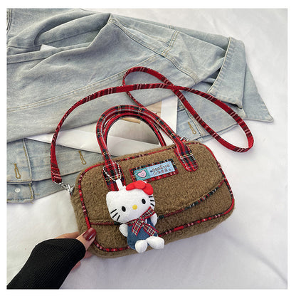 Winter hand carry plush contrasting color plaid small square bag 2024 new fashion casual foreign style literary fluff shoulder bag