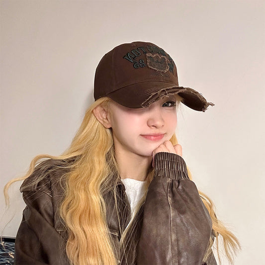 Women's Casual Fashion Ripped Letter Embroidery Cap Korean Version Versatile Soft Top Baseball Cap Sunscreen Sun Hat Tide