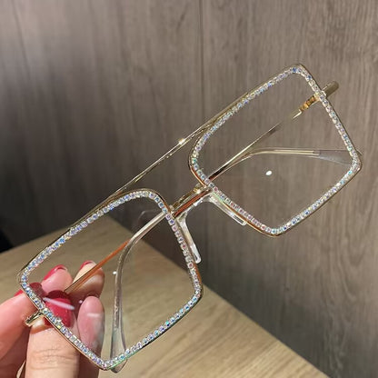 2023 fashion versatile models, large square diamond-encrusted sunglasses, Korean version, handmade diamond-encrusted flat glasses, European and American metal frames