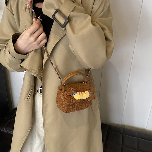 Winter hand carry plush cartoon dachshund dog small square bag 2024 new fashion casual foreign style fashionable shoulder bag