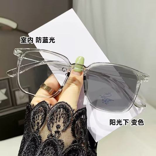 2023 new Internet celebrity large frame color-changing glasses high definition color-changing myopia couple plain wear anti-blue glasses