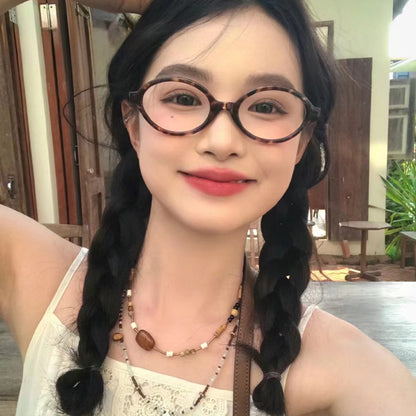 Xiaohongshu same book glasses nerd glasses oval small frame retro myopia glasses leopard print Korean plain flat glasses
