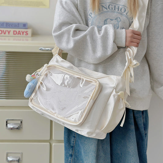College style versatile simple bow casual large capacity ins style, messenger bag women's bag transparent shoulder messenger bag