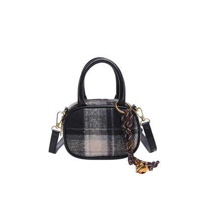 Woolen plaid bowling bag women's bag winter new shoulder messenger bag contrasting color retro style portable small square bag