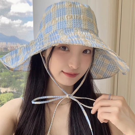Zhao Ruth same sun hat women's 2024 new anti-ultraviolet large brim plaid bucket hat outdoor sun protection hat