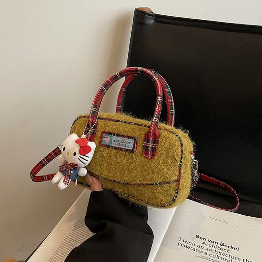 Winter hand carry plush contrasting color plaid small square bag 2024 new fashion casual foreign style literary fluff shoulder bag