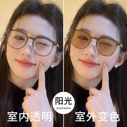 Color-changing glasses women's myopia glasses flat glasses optical anti-blue light automatic photosensitive flat sunglasses large round frame men