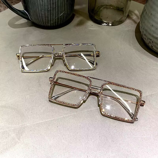 2023 fashion versatile models, large square diamond-encrusted sunglasses, Korean version, handmade diamond-encrusted flat glasses, European and American metal frames