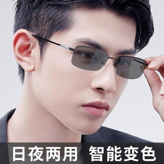 Color-changing myopia glasses men's UV protection optics handsome big face half frame ultra-light no degree eye protection frame tide