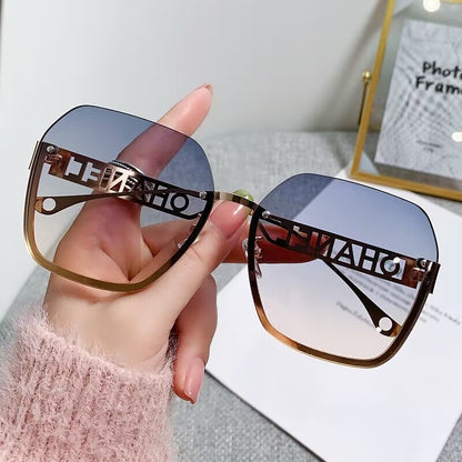 Women's fashion frameless trimmed sunglasses metal letter hollow temple trend European and American atmosphere show face small sunglasses