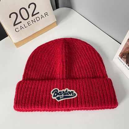 Winter letter labeling wool hat women's autumn and winter versatile warm Japanese knitted hat showing small face and ear protection cold hat man