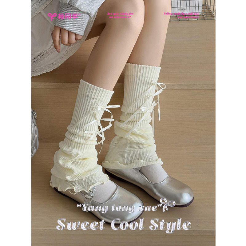 [Student Yang] Wear gray bow lace socks for women's knitted summer girl sweet ballet stacking socks