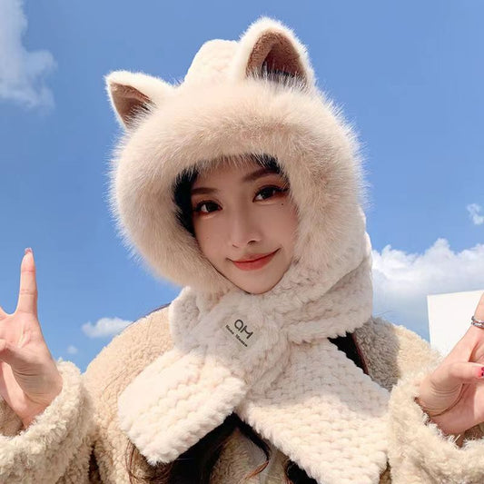Winter female cartoon bear warm ear hair fluff hat cycling cold scarf integrated neck protection thick knitted hat