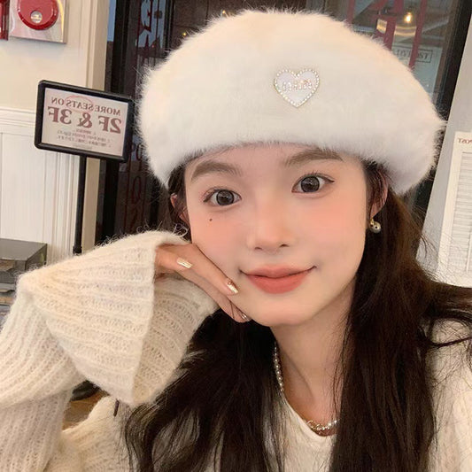 Waxy Jiji~ Sweet white rabbit fur beret children autumn and winter 24 new face small big head circumference painter hat