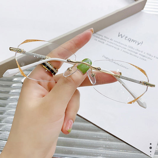 Women's frameless diamond trimmed anti-blue reading glasses flat glasses finished myopia glasses Internet celebrity Douyin live broadcast glasses