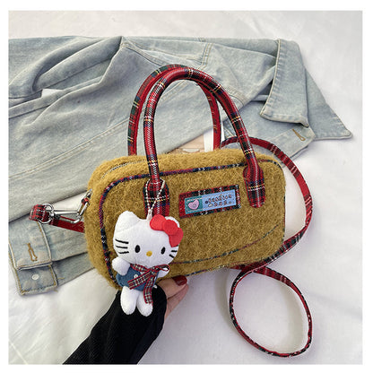 Winter hand carry plush contrasting color plaid small square bag 2024 new fashion casual foreign style literary fluff shoulder bag