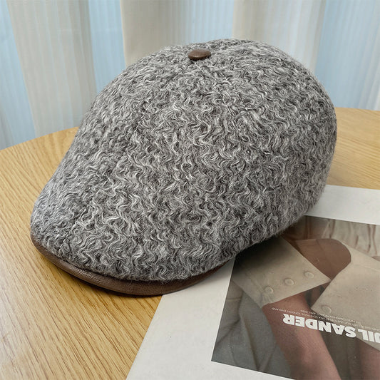 Woolen forward hat children autumn and winter solid color retro duck tongue newsboy hat warm face little painter hat wool